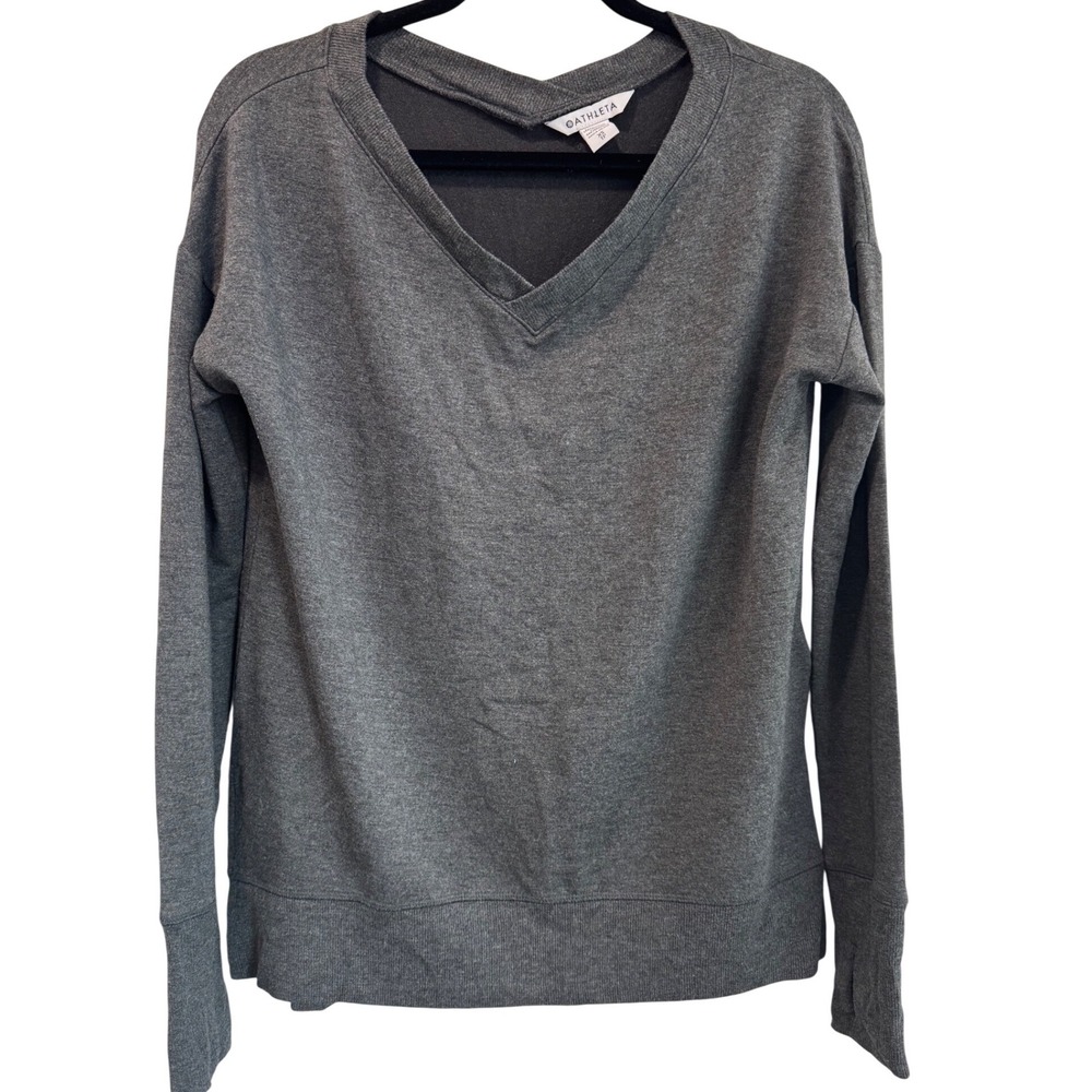 Athleta Womens Gray V-Neck Sweatshirt XS Tencel Modal‎ Pullover Thumbholes